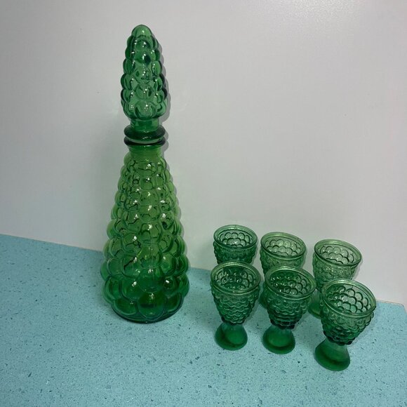 MCM Glasses Green Bubble Genie Bottle Decanter With Cordial Set of 6 - Picture 6 of 10